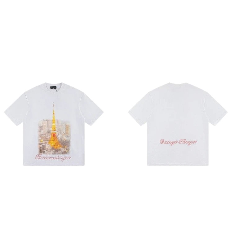 Balenciaga Vintage-style White T-shirt with Tokyo Tower Print
