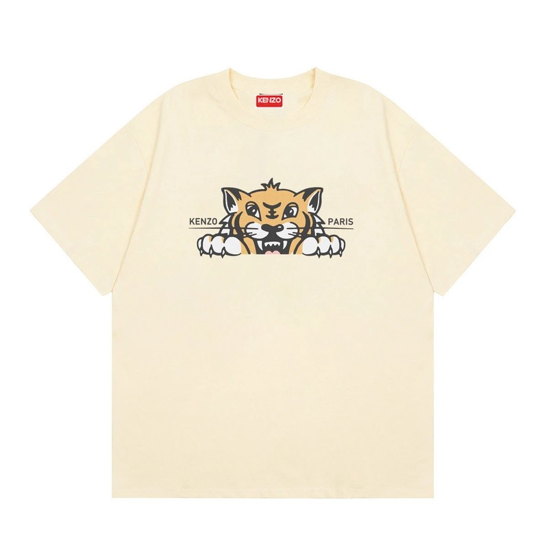 KENZO Tiger Head Print Streetwear Style Beige Short Sleeve T-Shirt
