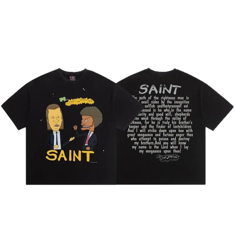 SAINT Cartoon Print American Style Black T-Shirt