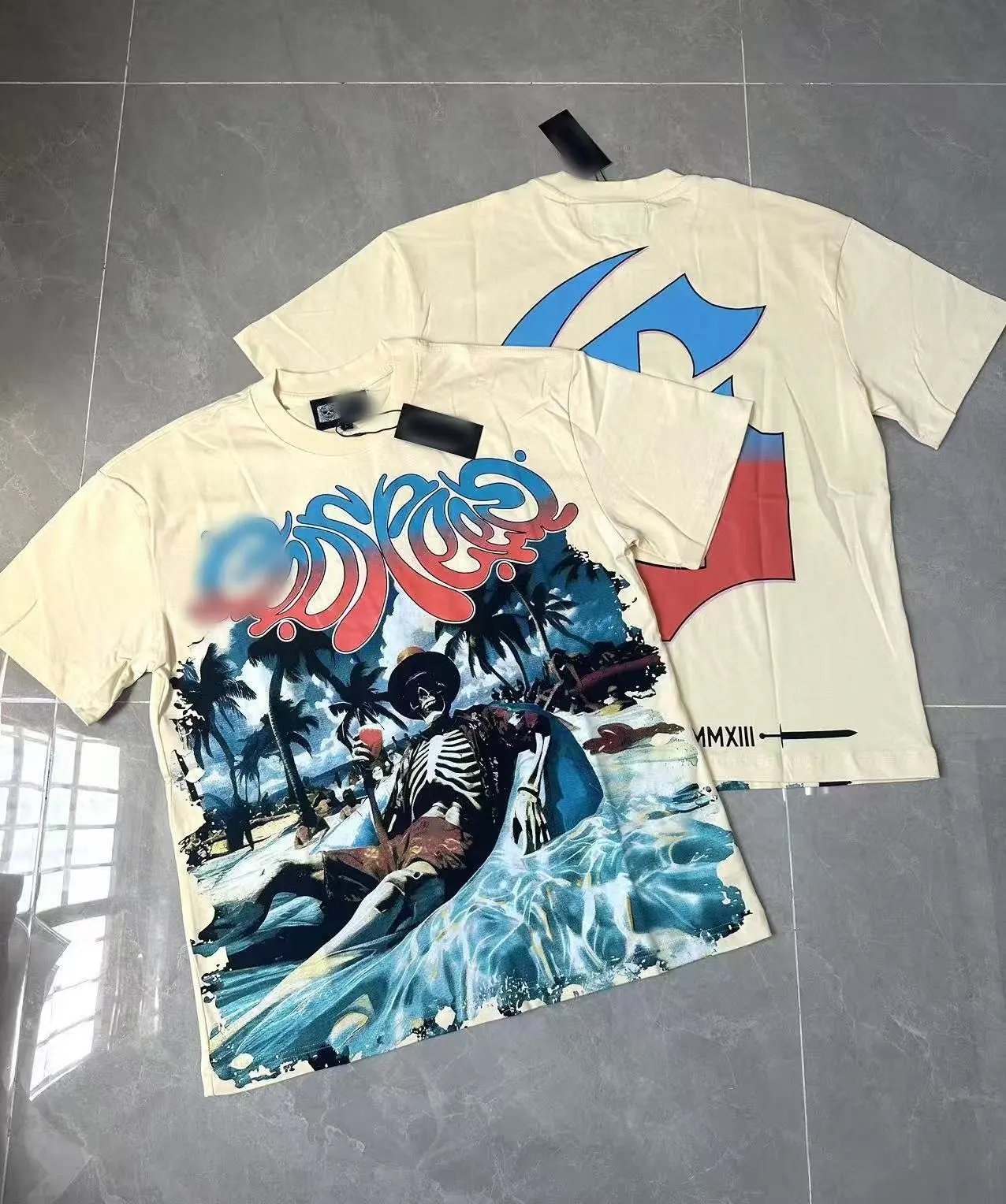 GOD Skeleton Print American Style Off-white Short-sleeve T-shirt