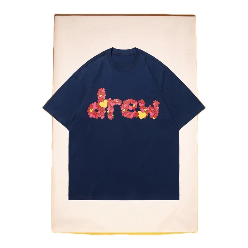 DREW Heart Print Street Style Navy Short Sleeve T-Shirt