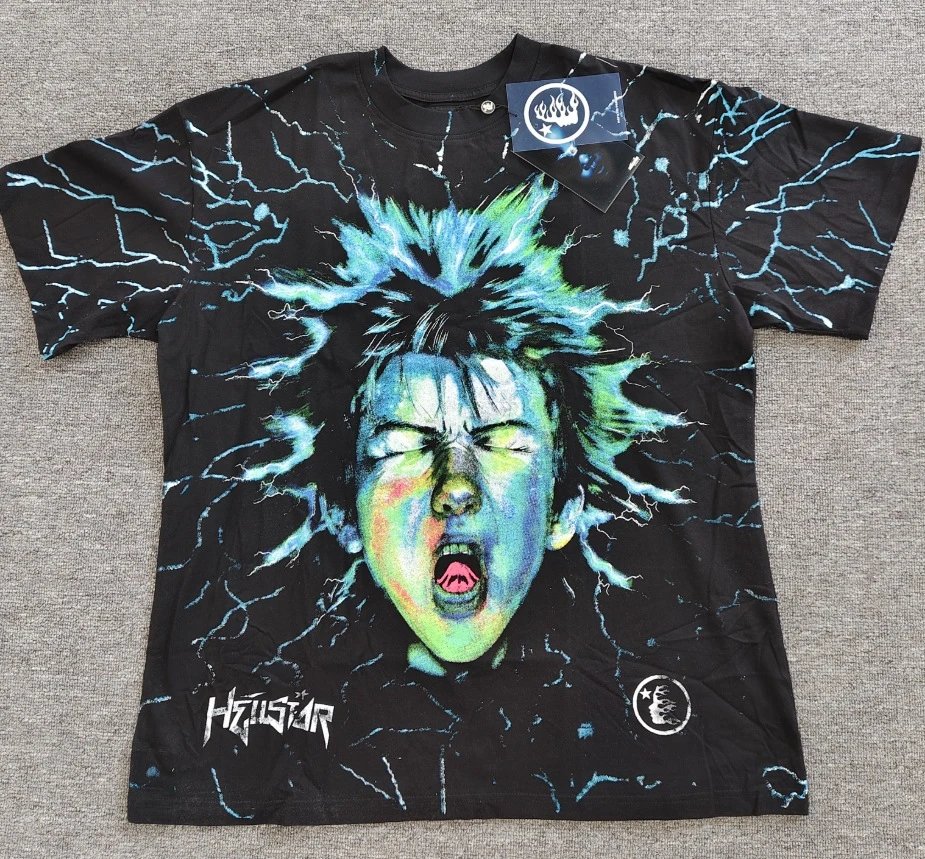 Hellstar Lightning Portrait Street Style Black & Blue T-Shirt