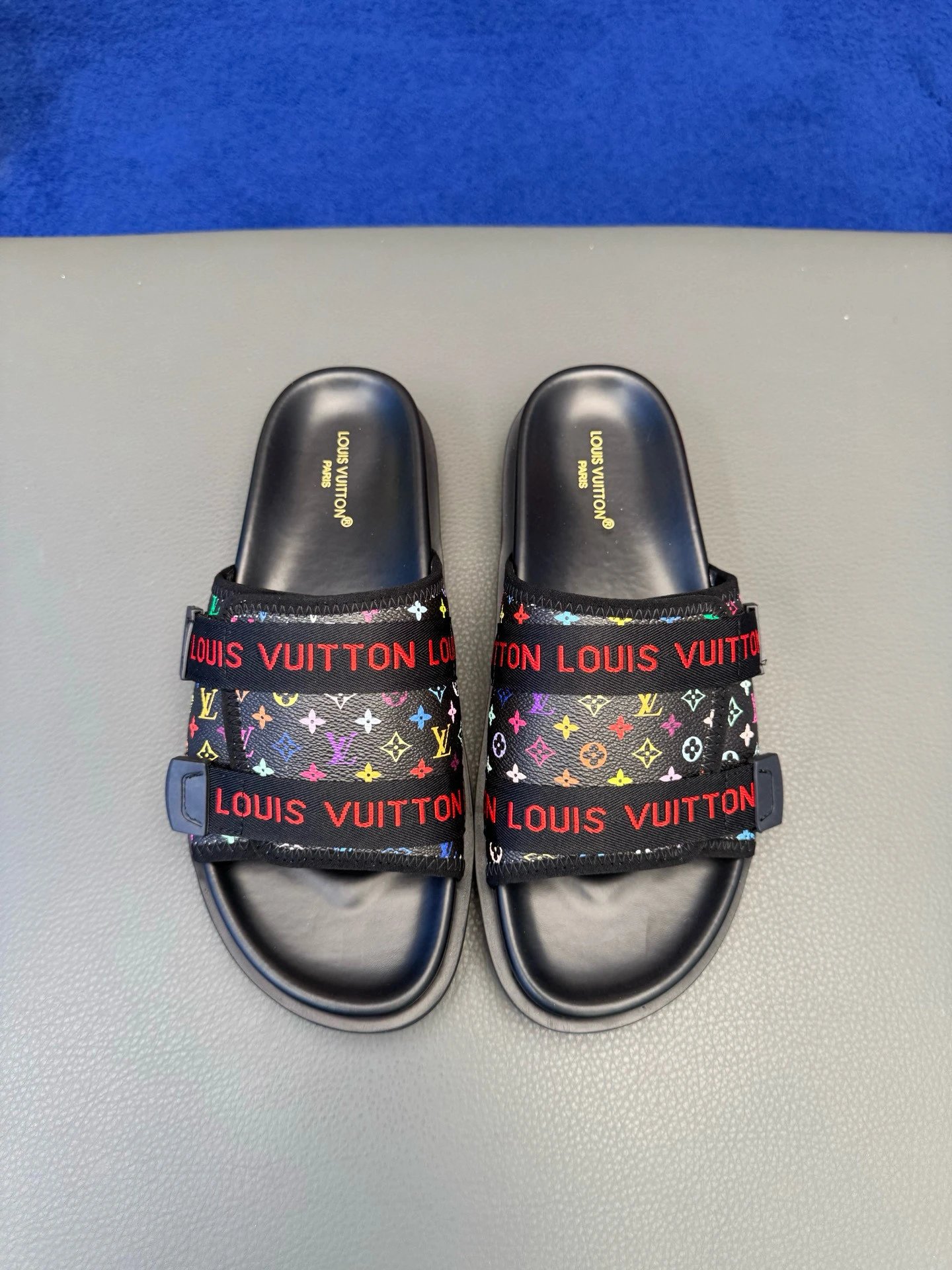 Louis Vuitton Monogram Black Multicolor Slide Sandals