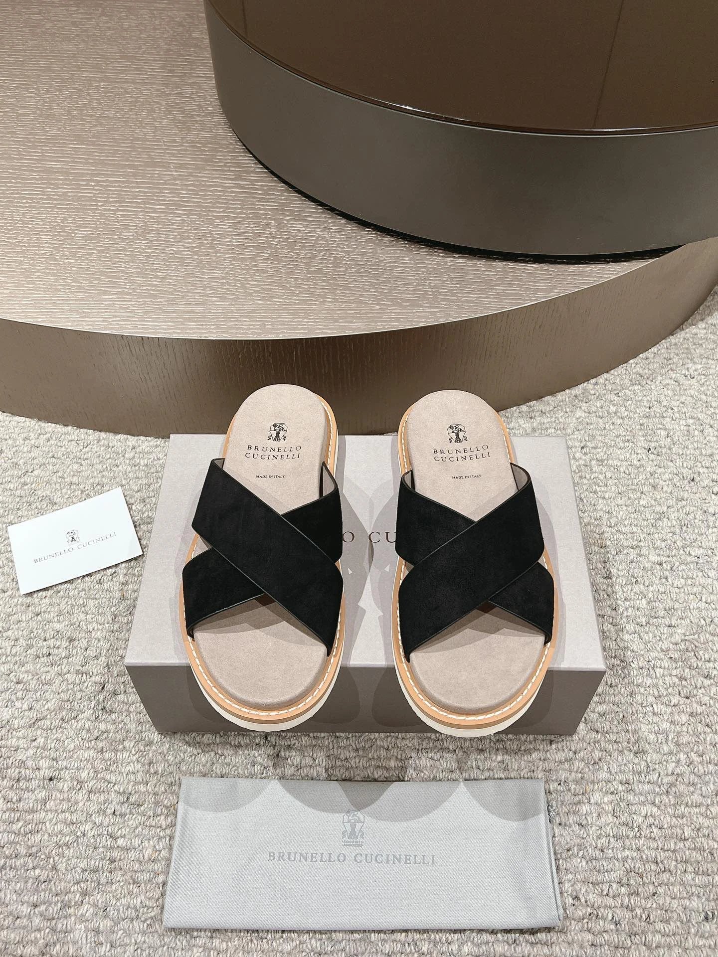 Brunello Cucinelli Casual Style Black Crisscross Slide Sandals