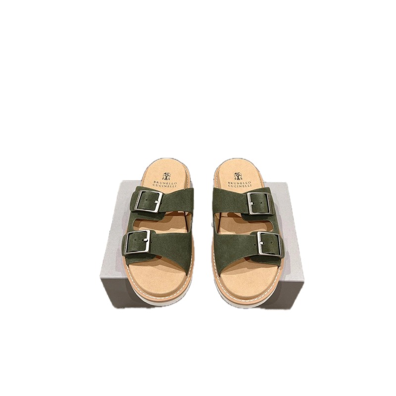 Brunello Cucinelli Casual Style Army Green Double-Buckle Slide Sandals