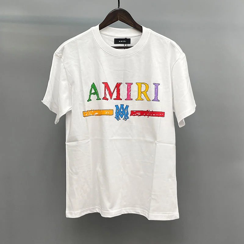 Amiri Color-Letter Graphic White Records Graphic T-Shirt Travel Styling