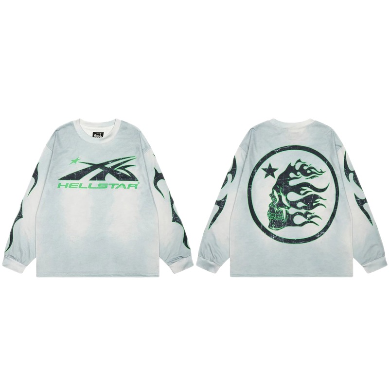 Hellstar Skull Print Street Style Light Gray Long Sleeve T-Shirt