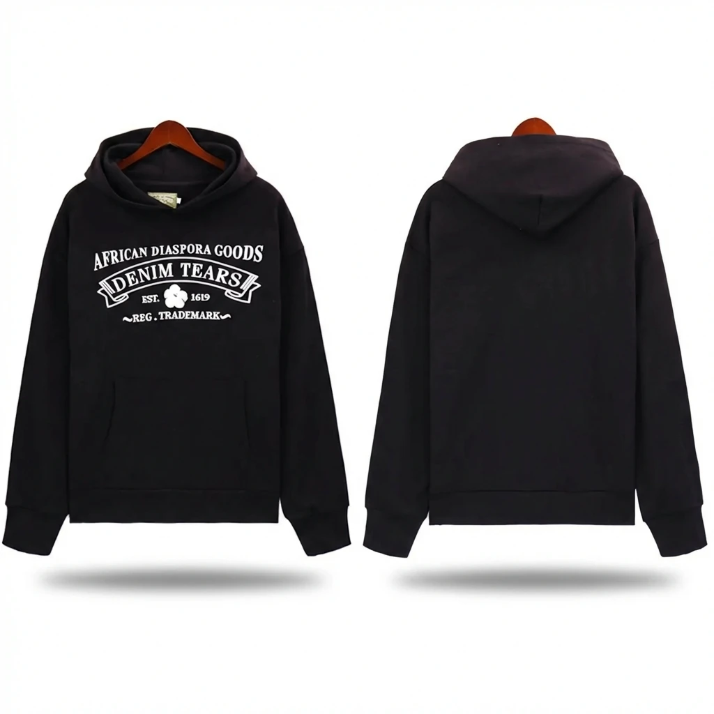 DENIM TEARS retro-style black hoodie