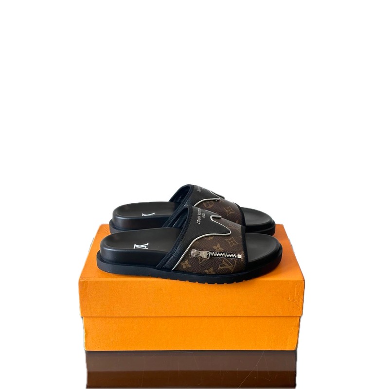 Louis Vuitton Classic Monogram Light Luxury Style Brown and Black Slides