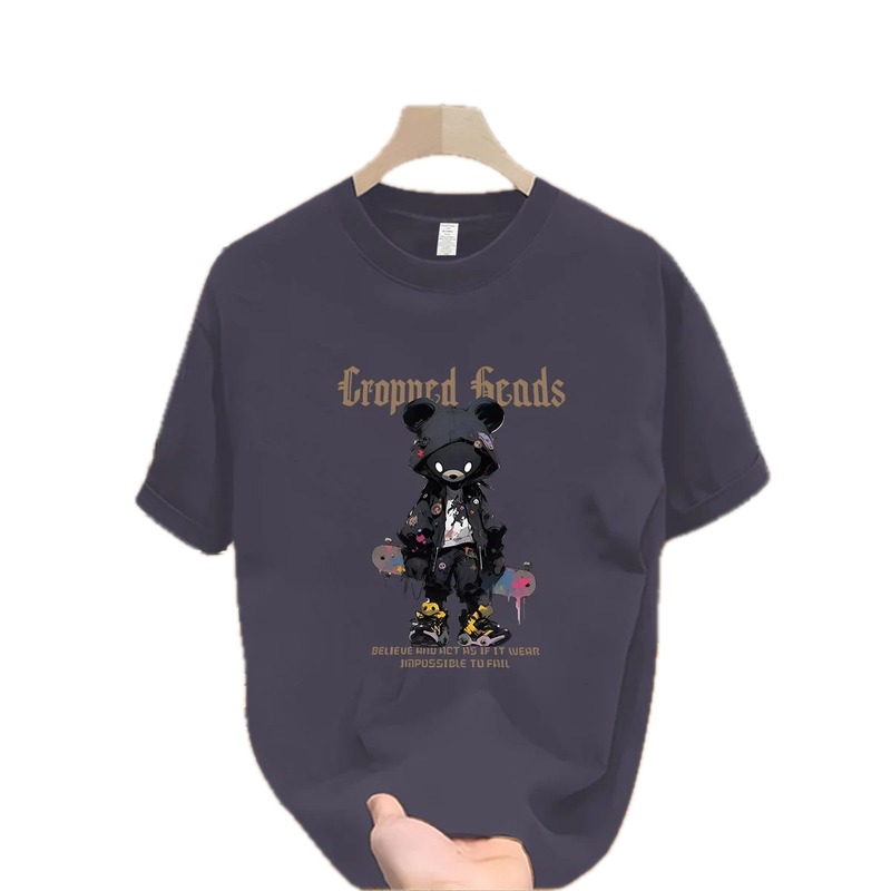 Streetwear Brand Dark Grey Street-style Short Sleeve T-shirt with Bear Print