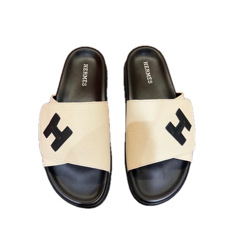 Hermès H Series Minimalist Style Beige and Black Slide Slippers