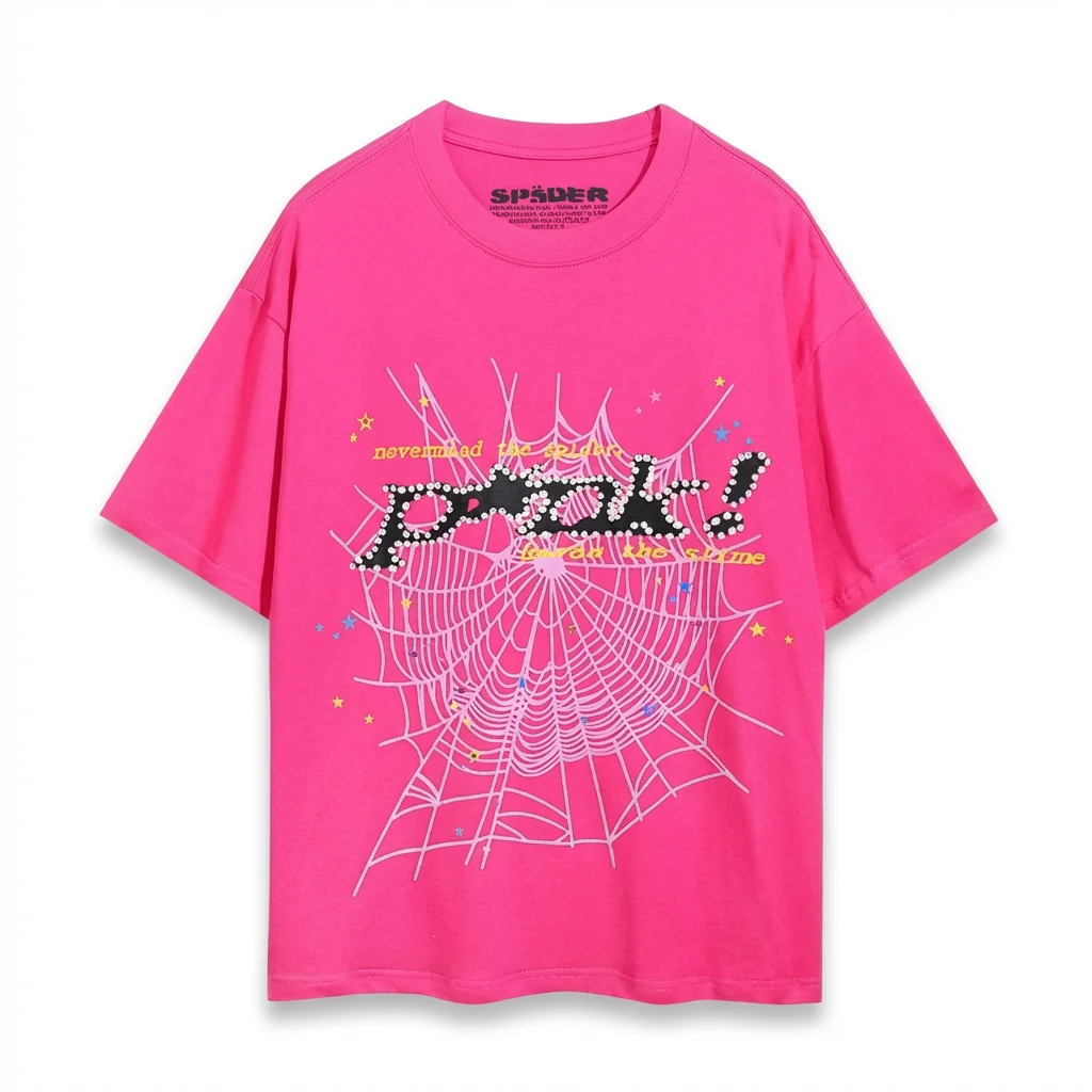 Sp5der Spider Web Print Trendy and Cool Rose Red T-shirt