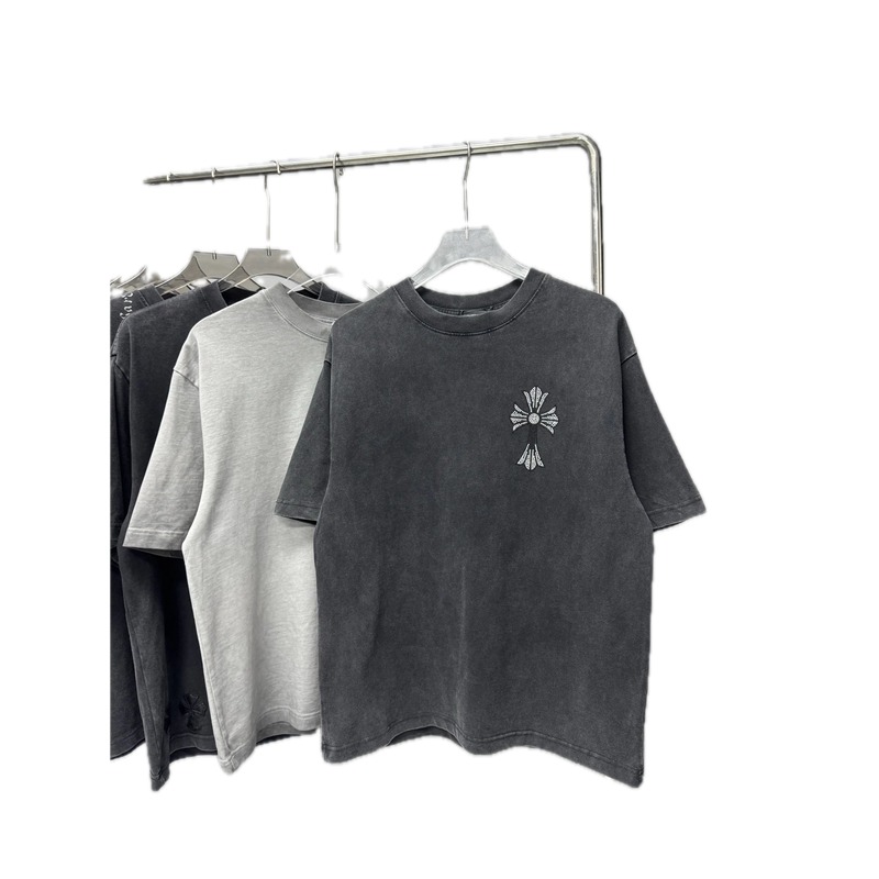 Chrome Hearts Hot-Fix Rhinestone Cross High-Street Charcoal Grey Short-Sleeved T-Shirt