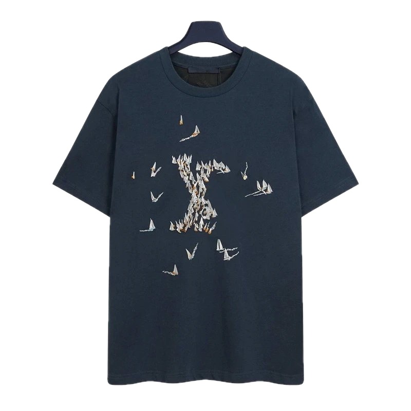 Louis Vuitton Light Luxury Style Navy Blue T-Shirt with Sailing Boat Embroidery