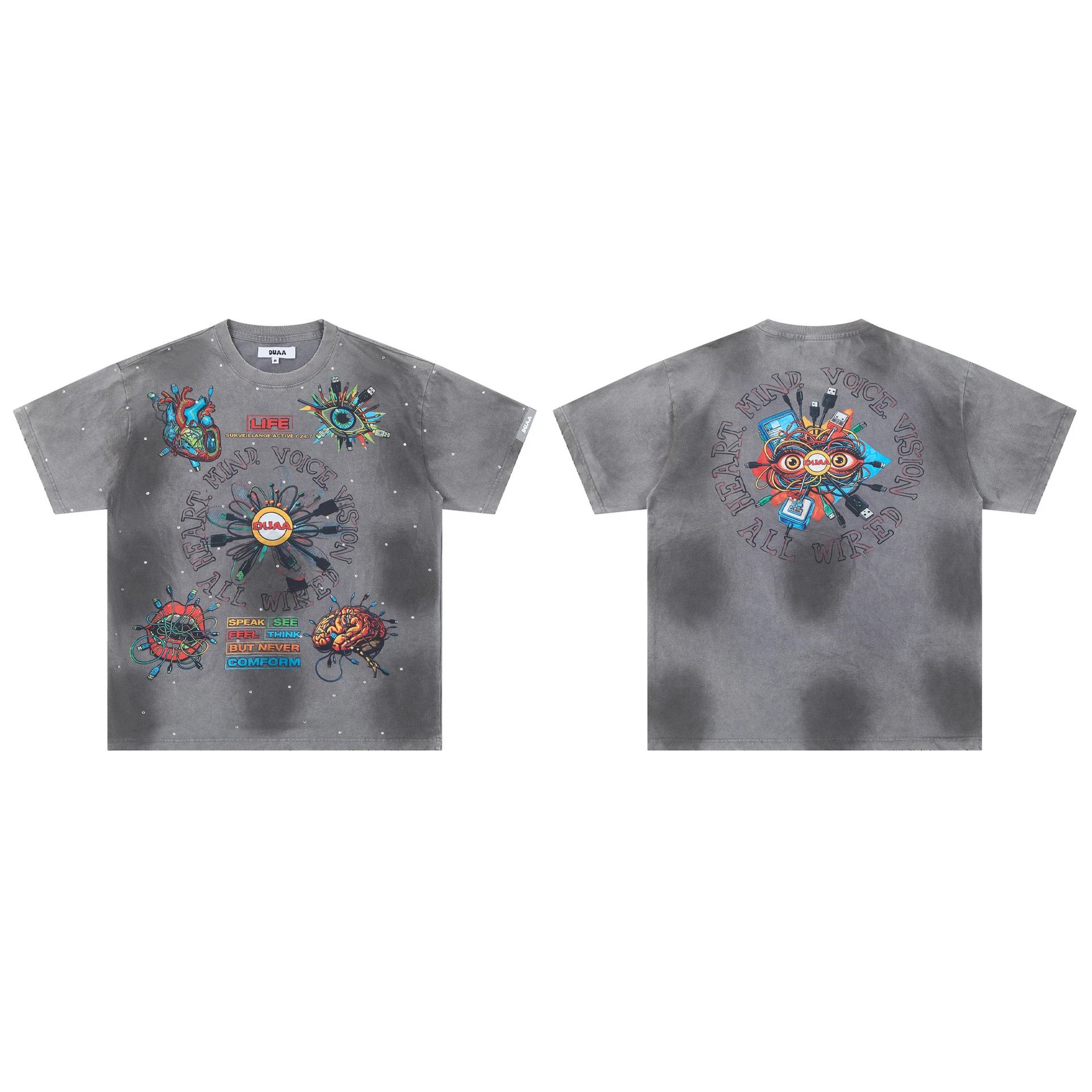 DUAA Cyber Print Street Style Grey T-Shirt
