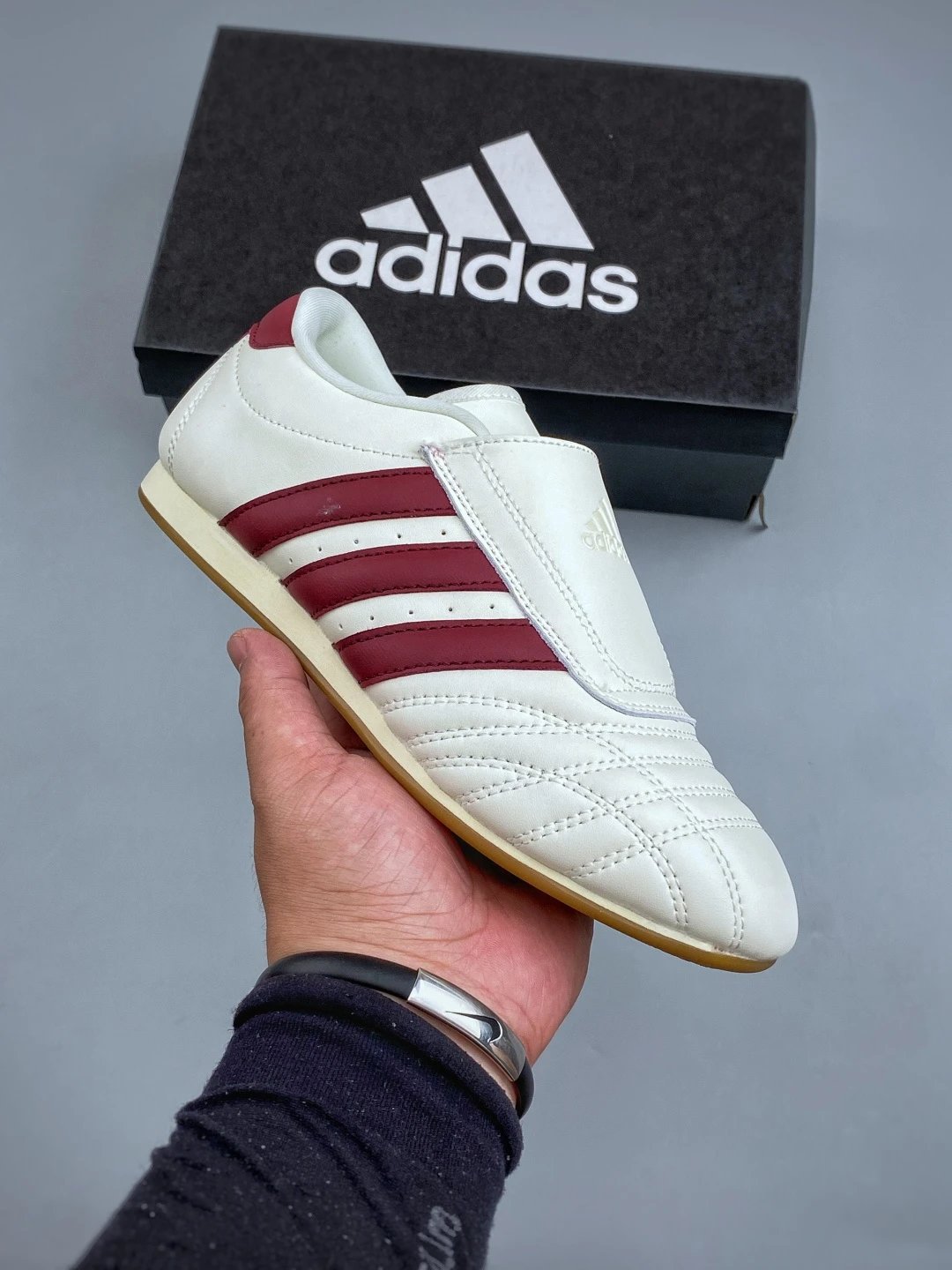 Adidas Low-Profile Sneakers, Textured Side Detail in White and Burgundy