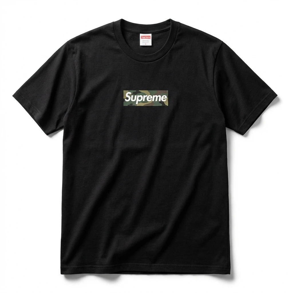 Supreme camouflage-style black T-shirt