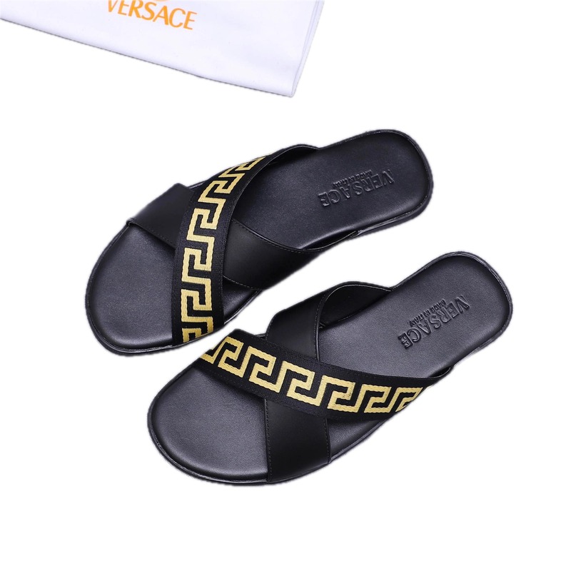 Versace Greek Key Luxury Style Black and Gold Slide Sandals