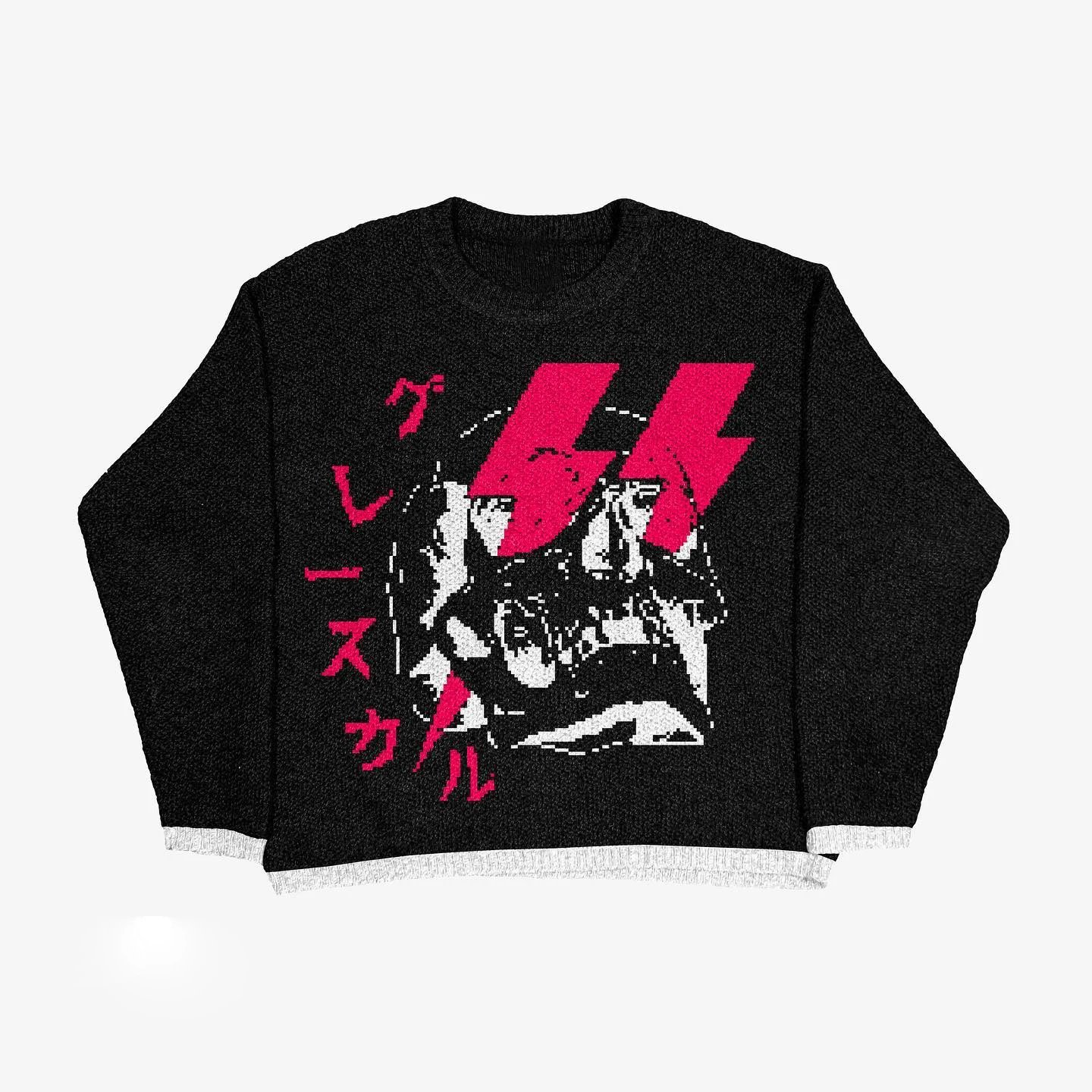 Relaxed Anime graphic sweater Black Knit Top with Designer-Inspired Detail