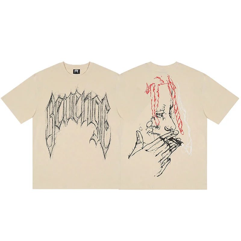 Revenge Beige Skull Graphic T-Shirt Clean Finish