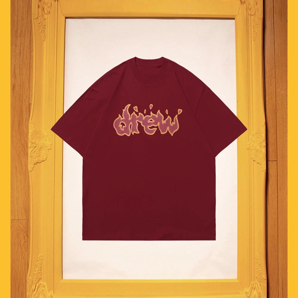 DREW Flame Heart Street Style Burgundy Short Sleeve T-Shirt