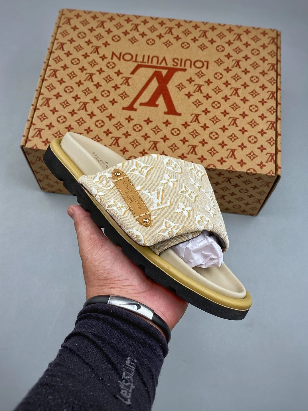 Louis Vuitton Monogram Slides in Beige, Finished with Easy Slip-On Shape