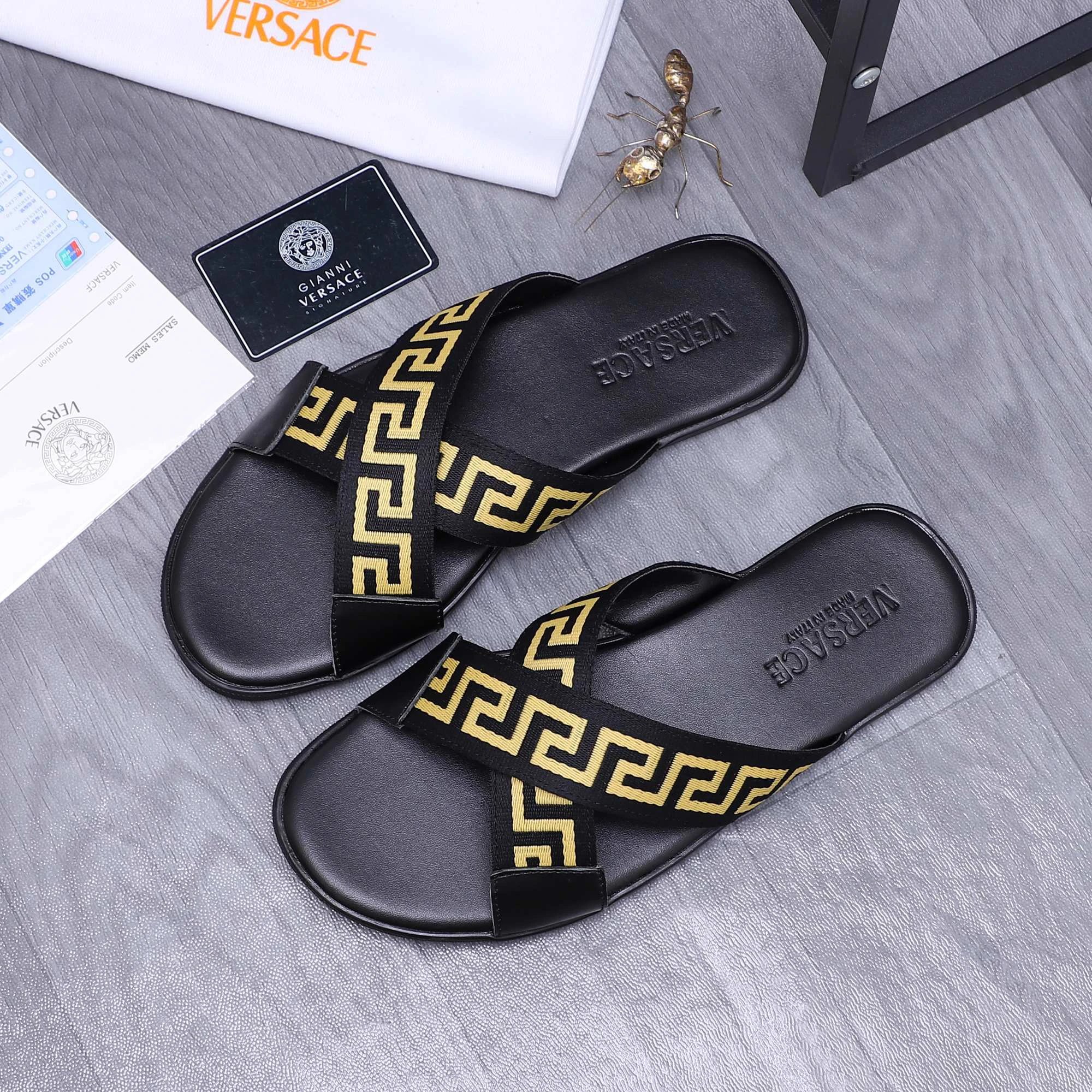 Versace Greca Collection Edgy Street Style Black & Yellow Slides