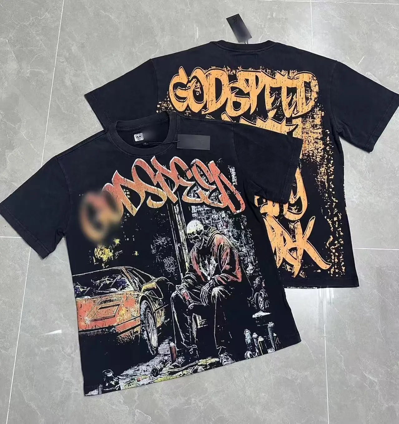 GOD Skull Graffiti Street Style Black Short-sleeve T-shirt