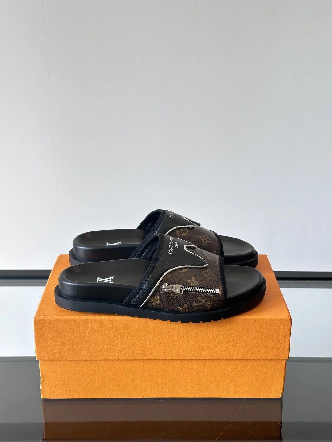 Louis Vuitton Classic Monogram Light Luxury Style Brown and Black Slides