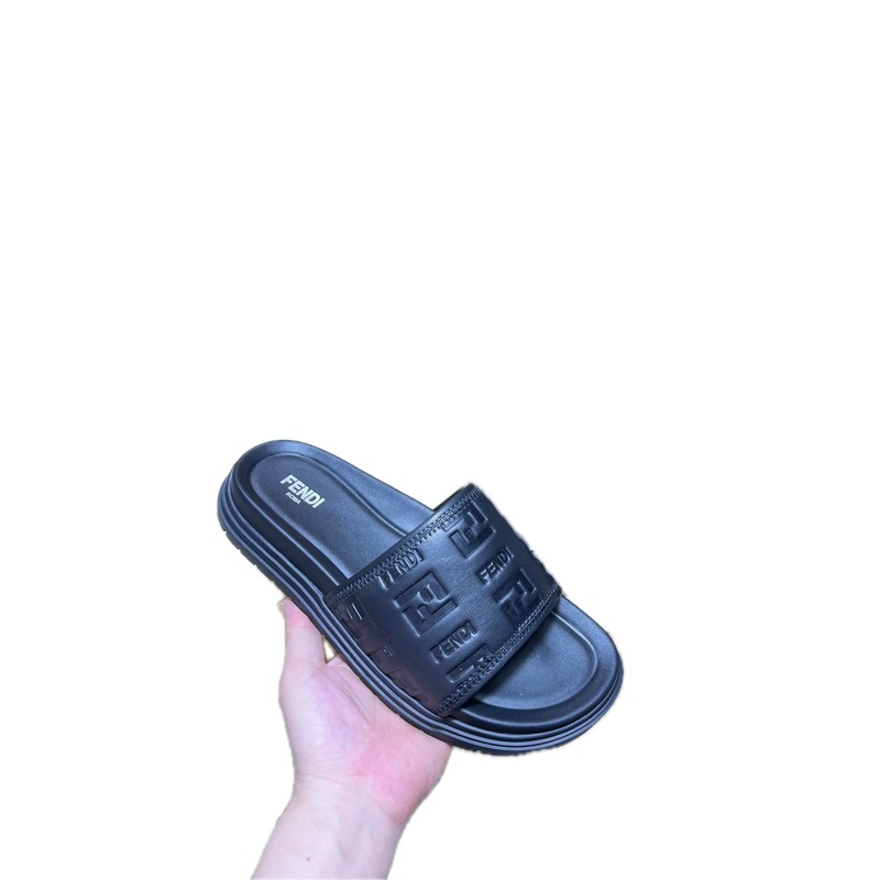Fendi Double F Embossed Light Luxury Style Black Slide Sandals