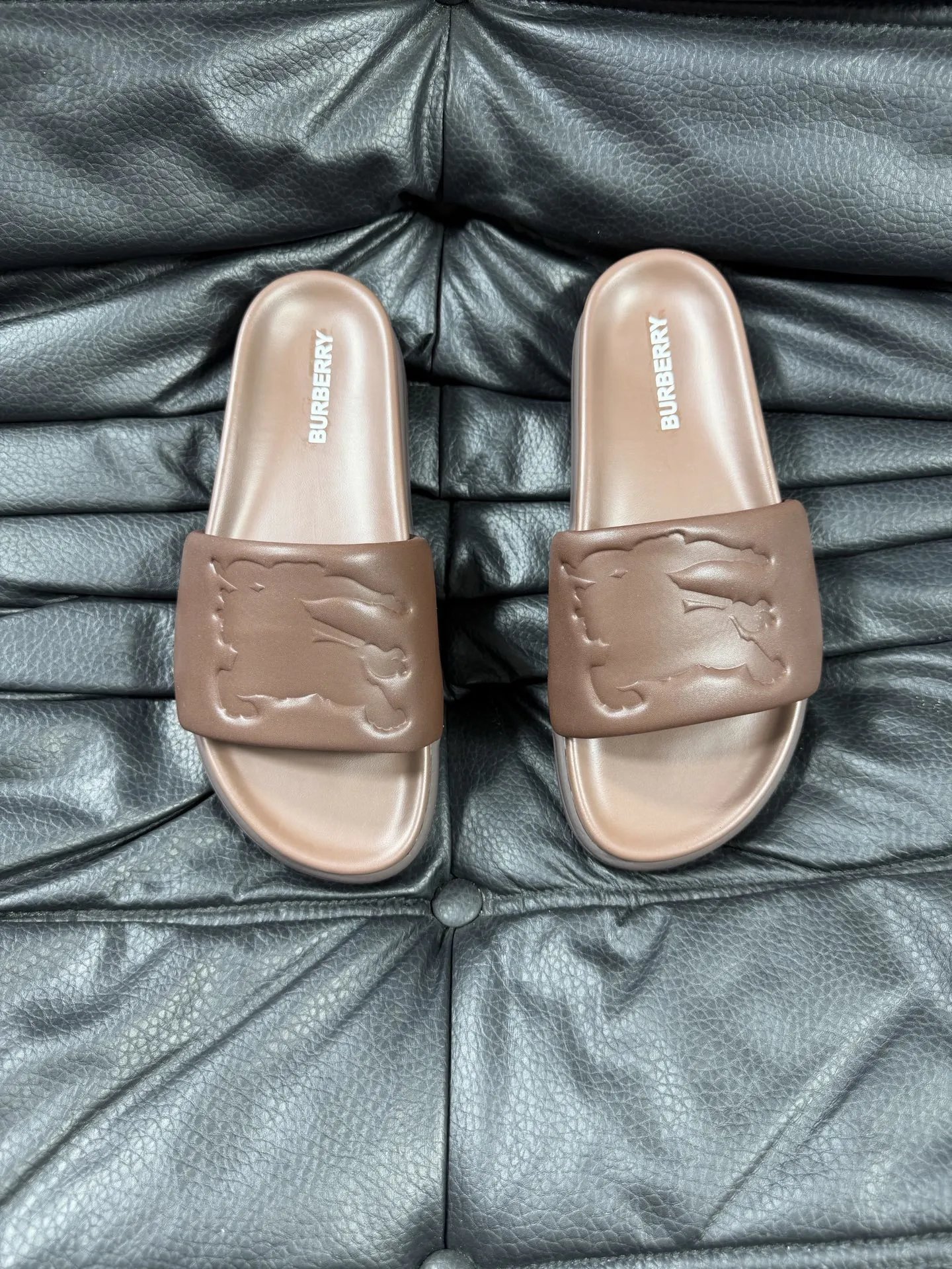 Burberry Embossed Knight Minimalist Style Brown Slides