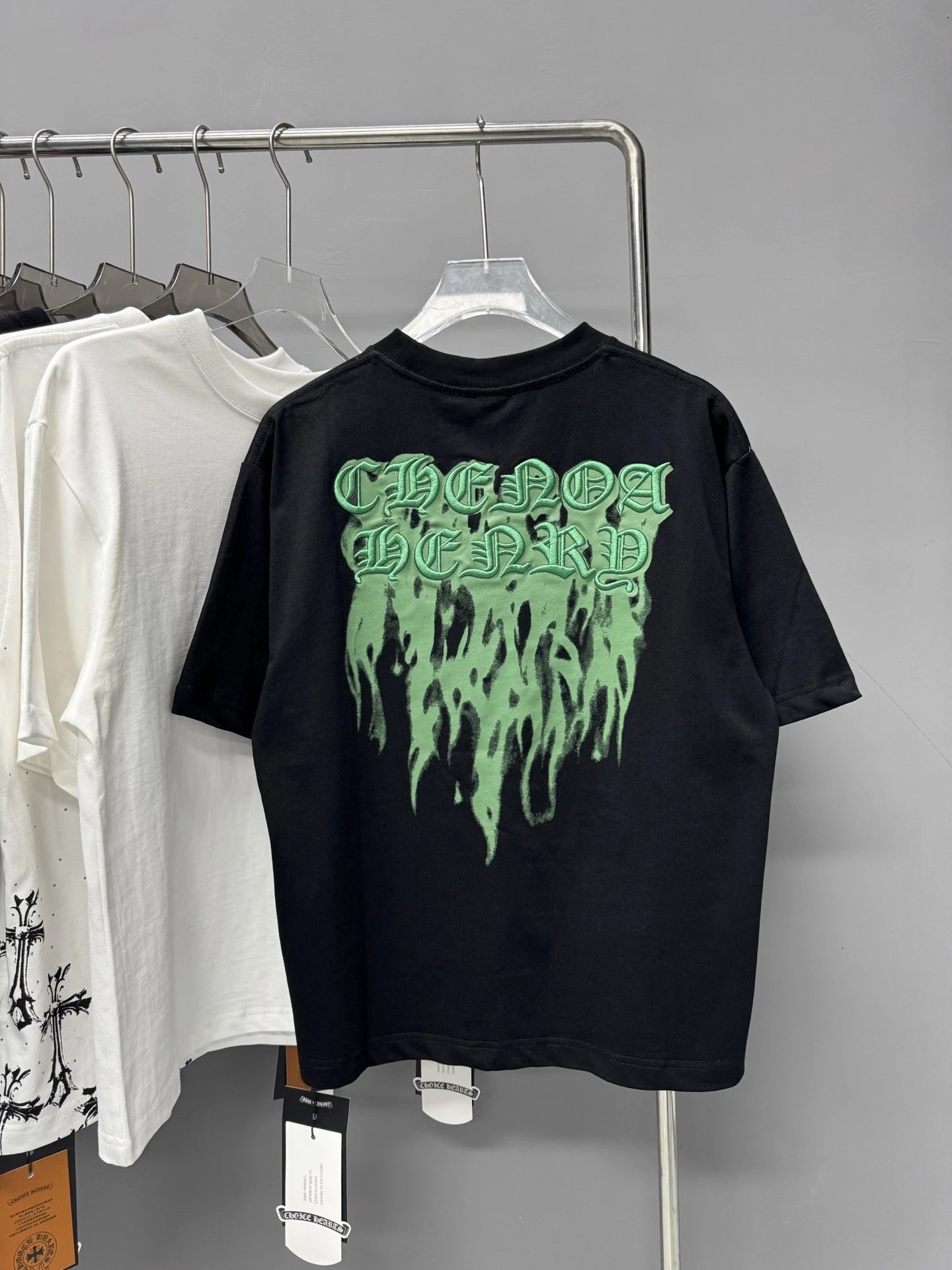 Chrome Hearts Flame Gothic Style Black and Green Short-sleeve T-shirt