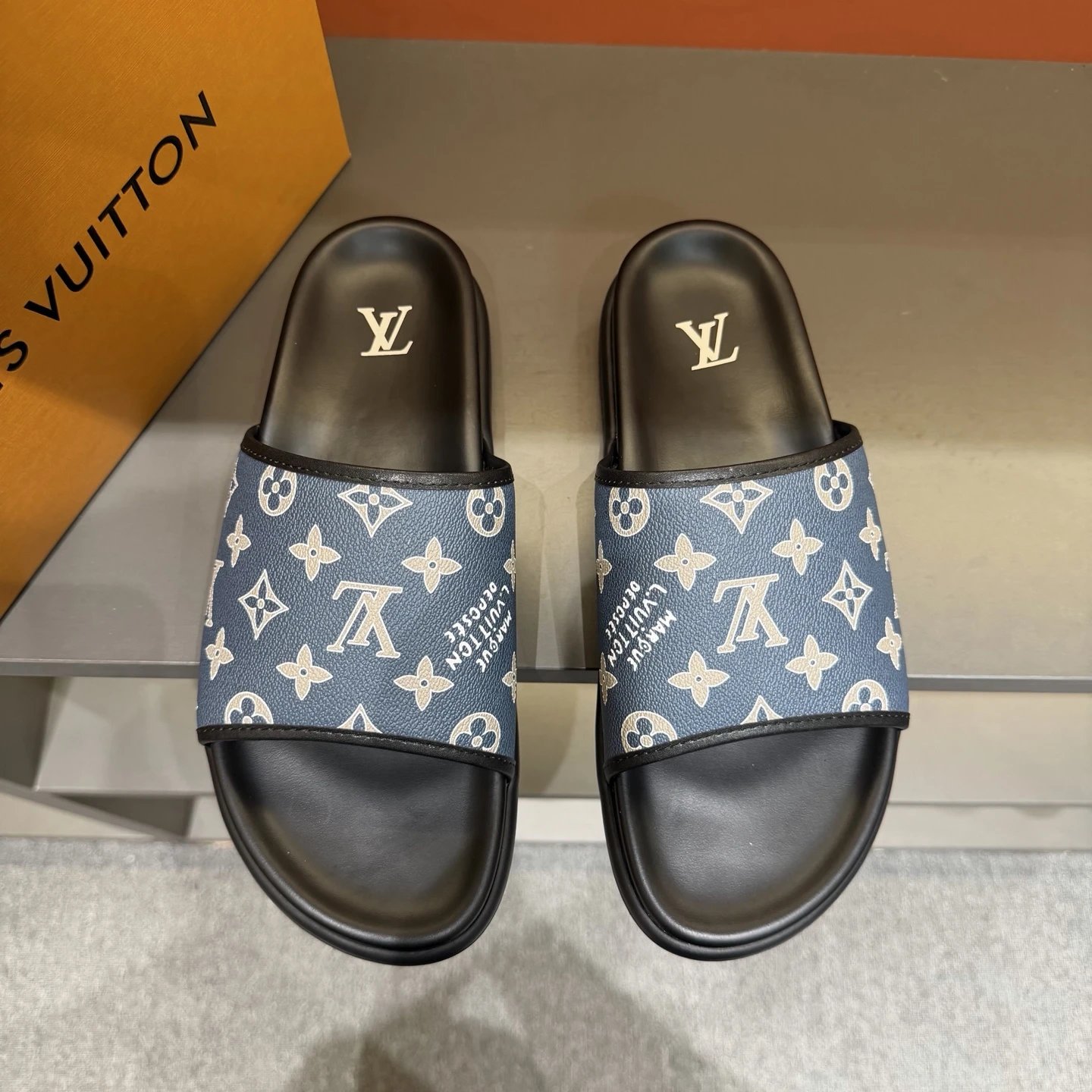Louis Vuitton Classic Monogram Light Luxury Style Blue Slides