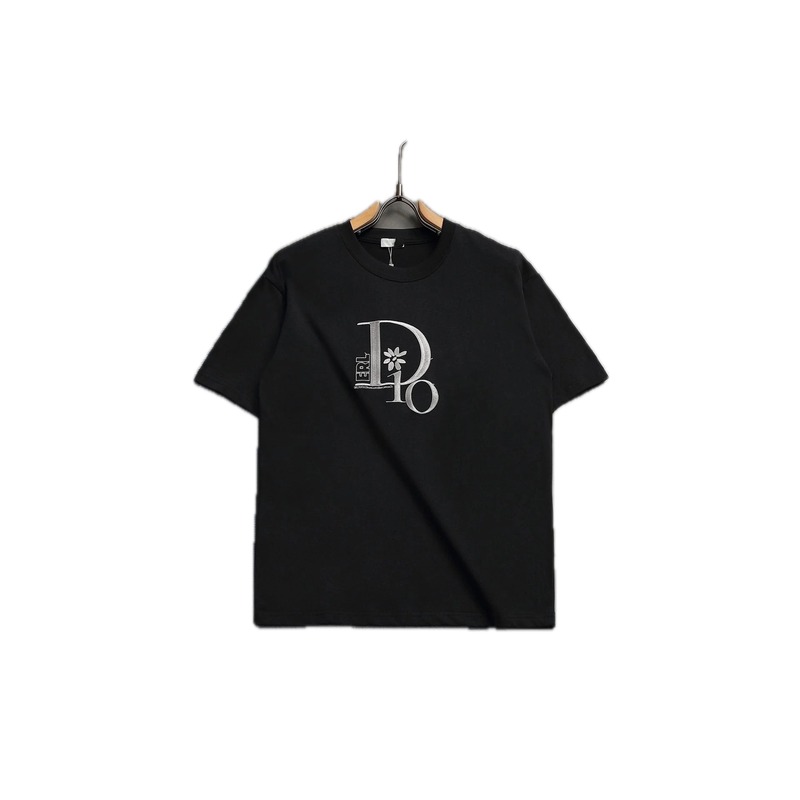 Dior Co-branded Embroidered Light Luxury Style Black Short-sleeve T-shirt
