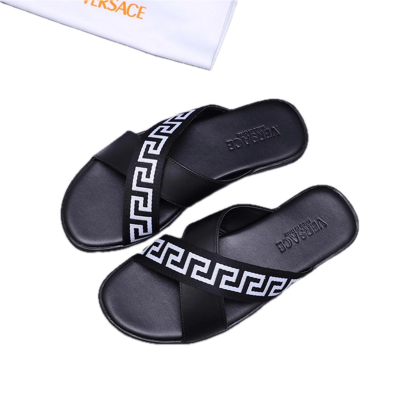 Versace Greek Key Casual Style Black Slide Sandals