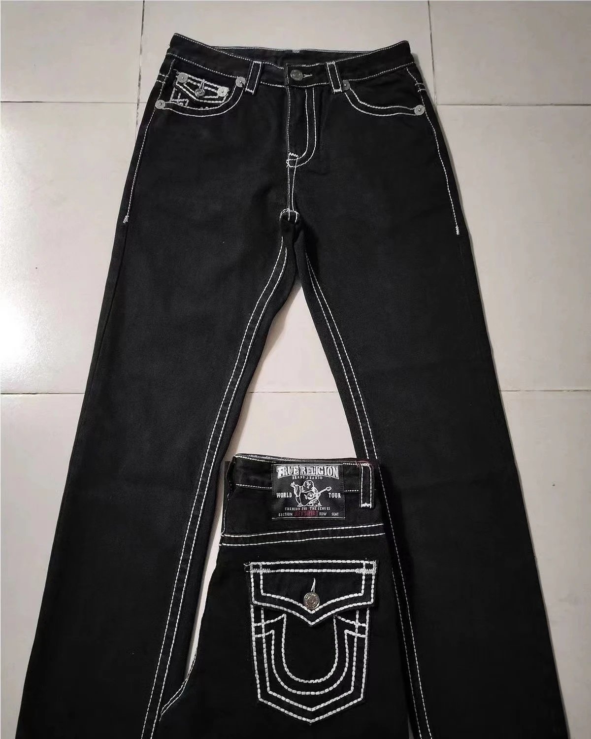 True Religion Black White Contrast Stitch Jeans Daily Styling Logo