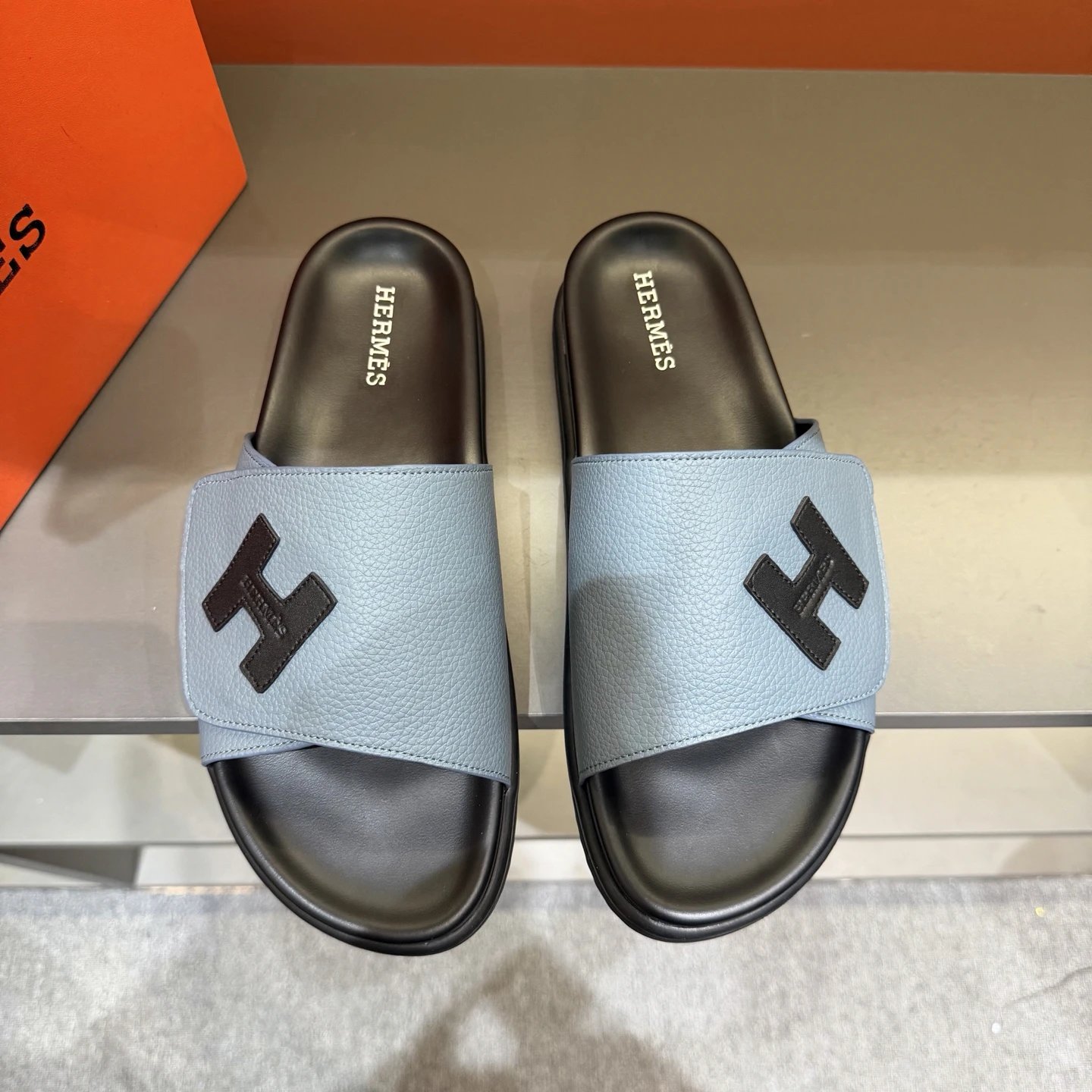 Hermès Classic H Casual Style Dusty Blue Slide Sandals