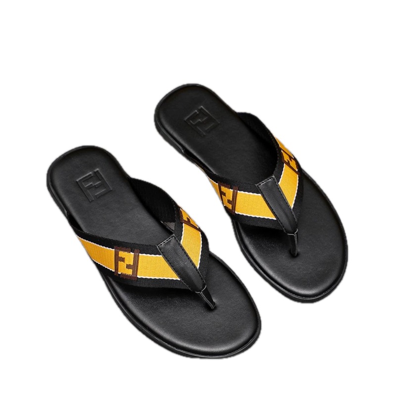 Fendi FF Monogram Light Luxury Style Black and Yellow Flip-Flops