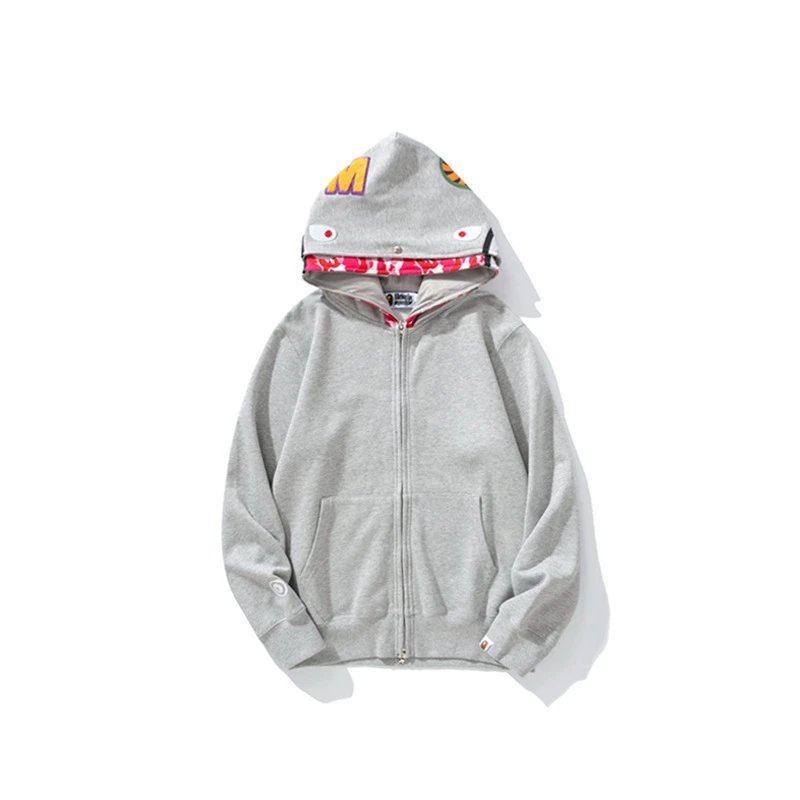 Bape Shark Hood Zip Hoodie in Heather Gray, Featuring a bright graphic lining inside the hood