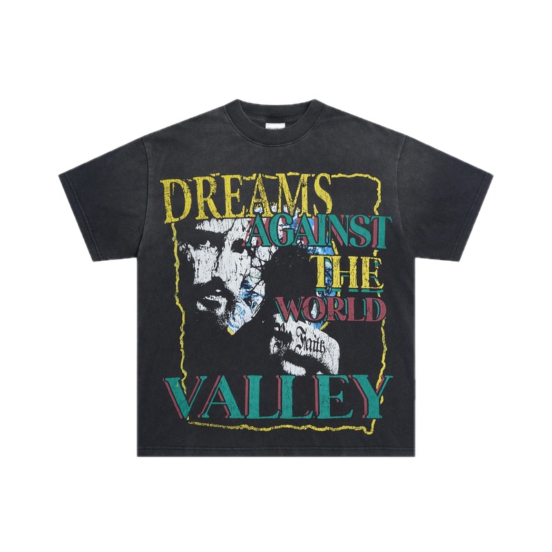 Valley Portrait Print Vintage Distressed Black T-Shirt