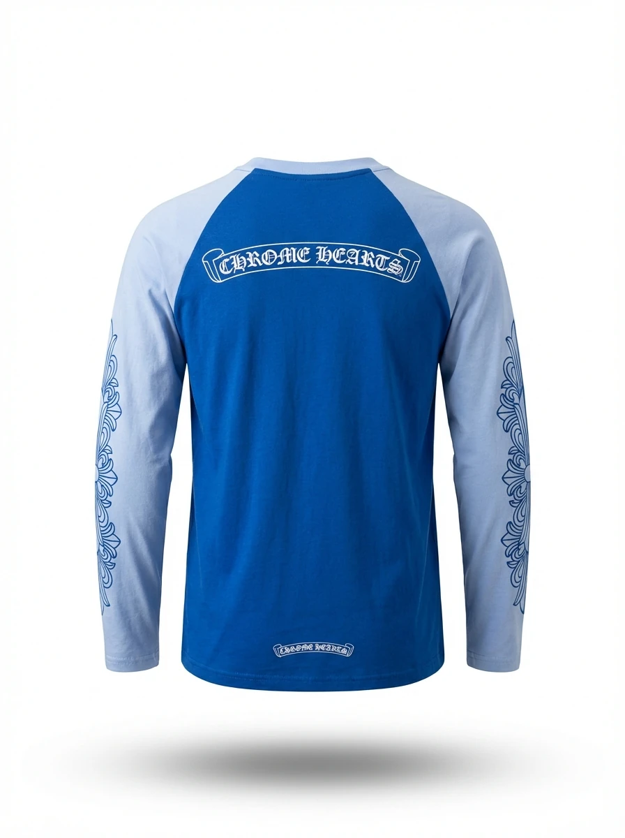 Chrome Hearts retro-style blue and white long-sleeved shirt.