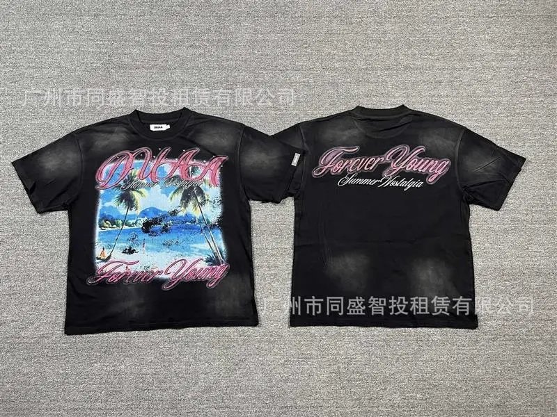 DUAA Beach Print Vintage Style Black T-shirt