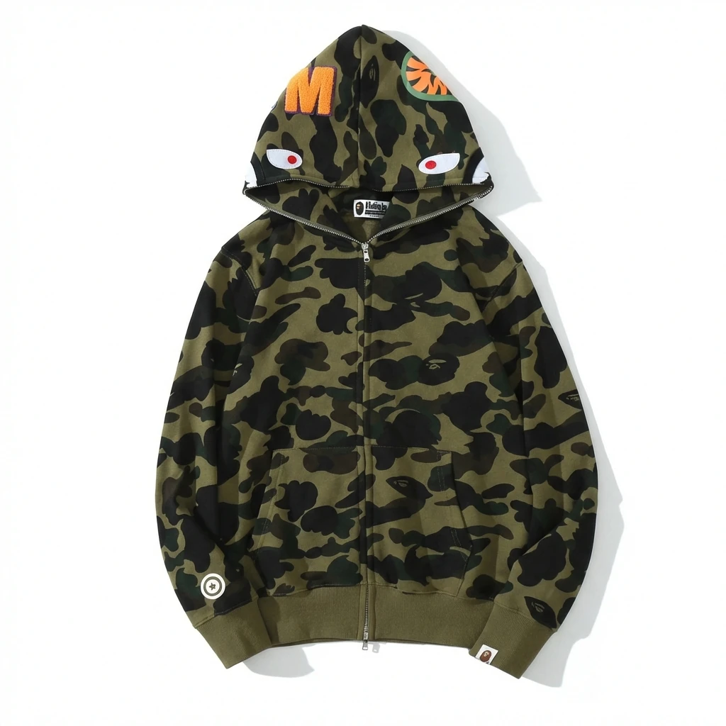 Bape camouflage-style green and black hoodie