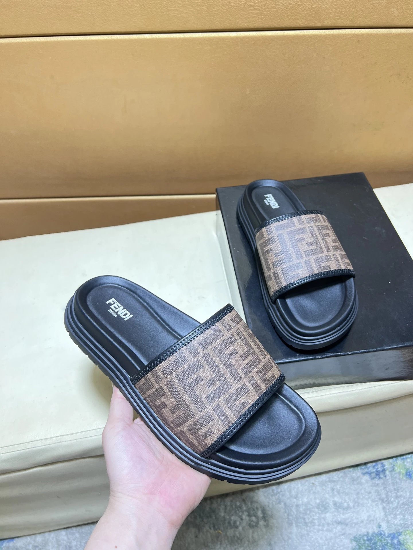 Fendi FF Monogram Vintage Style Brown and Black Slide Sandals