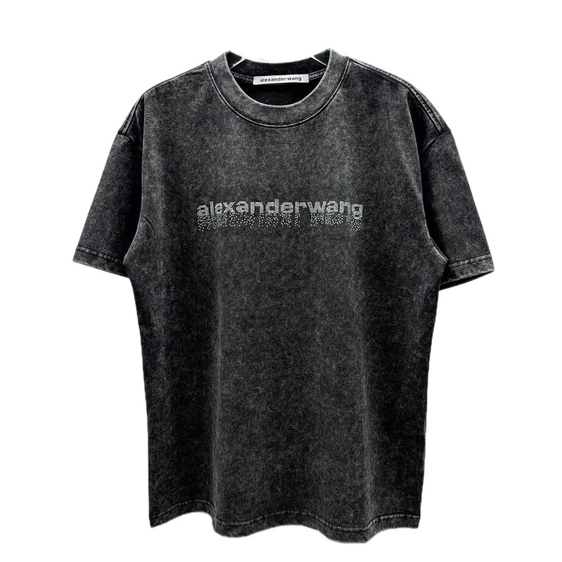 Alexander Wang Rhinestone-embellished Distressed Charcoal Black Short-sleeve T-shirt
