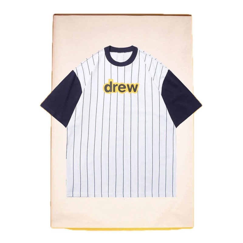 DREW Letter Print Street Style White and Navy Blue Short Sleeve T-Shirt