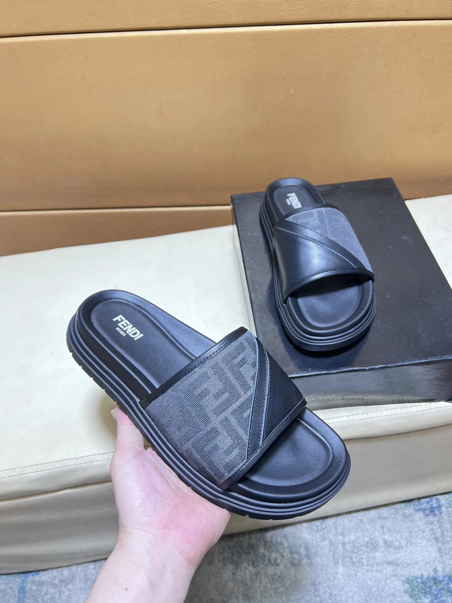 Fendi FF Monogram Trendy & Cool Black & Gray Casual Slippers