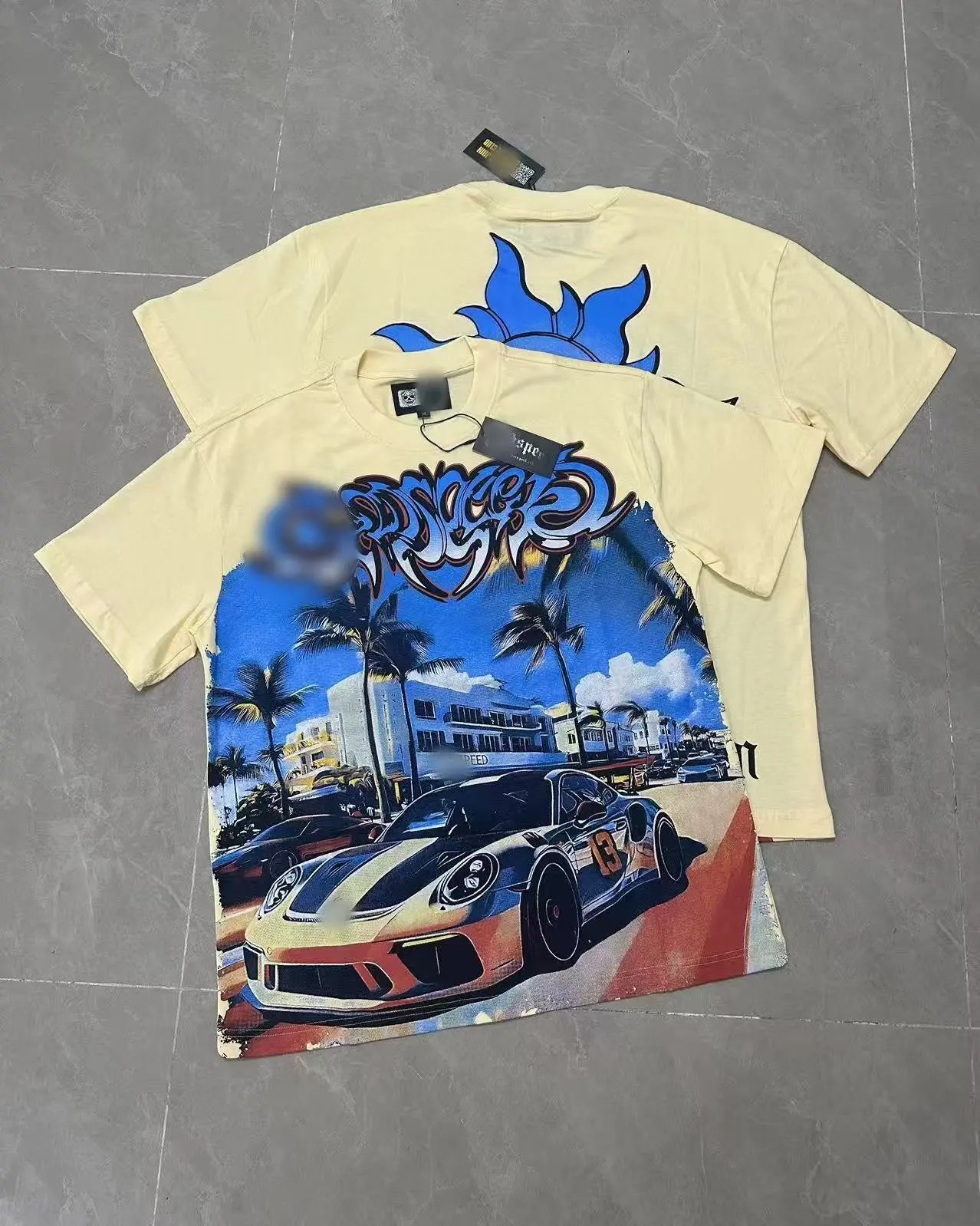 GOD Sports Car Print Street Style Beige Short Sleeve T-Shirt