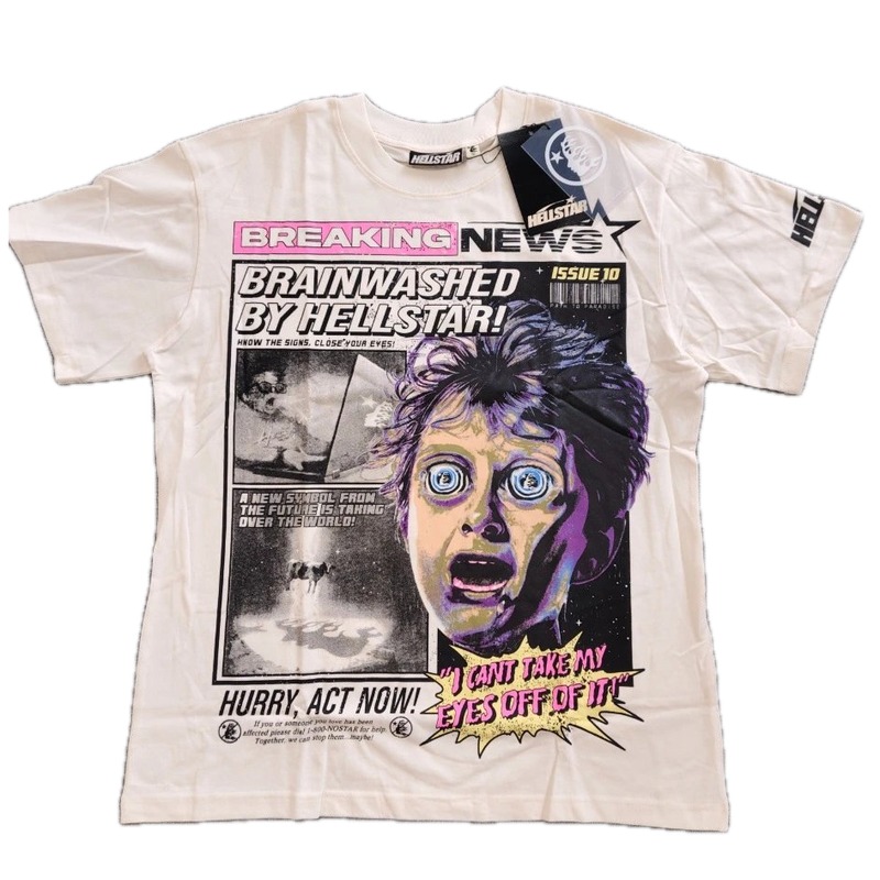 Hellstar Newspaper Print Street Style Off-white T-Shirt