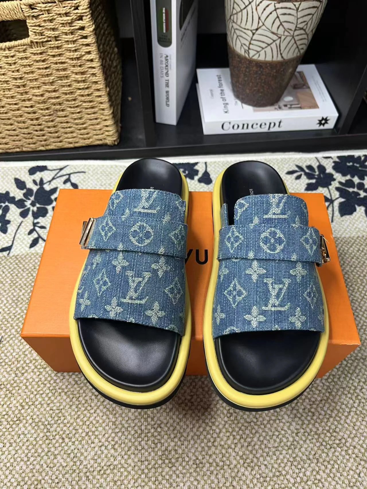 Louis Vuitton Monogram Casual Style Denim Blue Slides